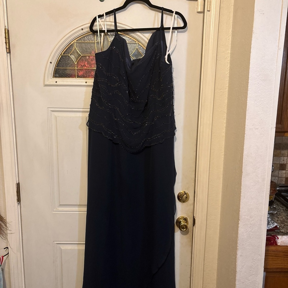 Jade long chiffon dress by Jasmine Navy Blue with beads like rehinestone